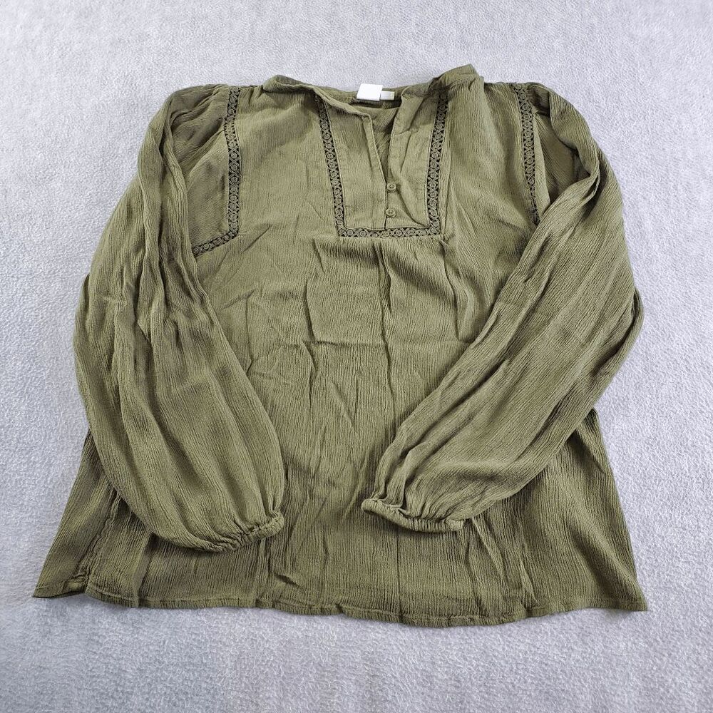 GAP Top Women Small Green Blouse Solid Lace Trim Long Sleeve V Neck Button Front